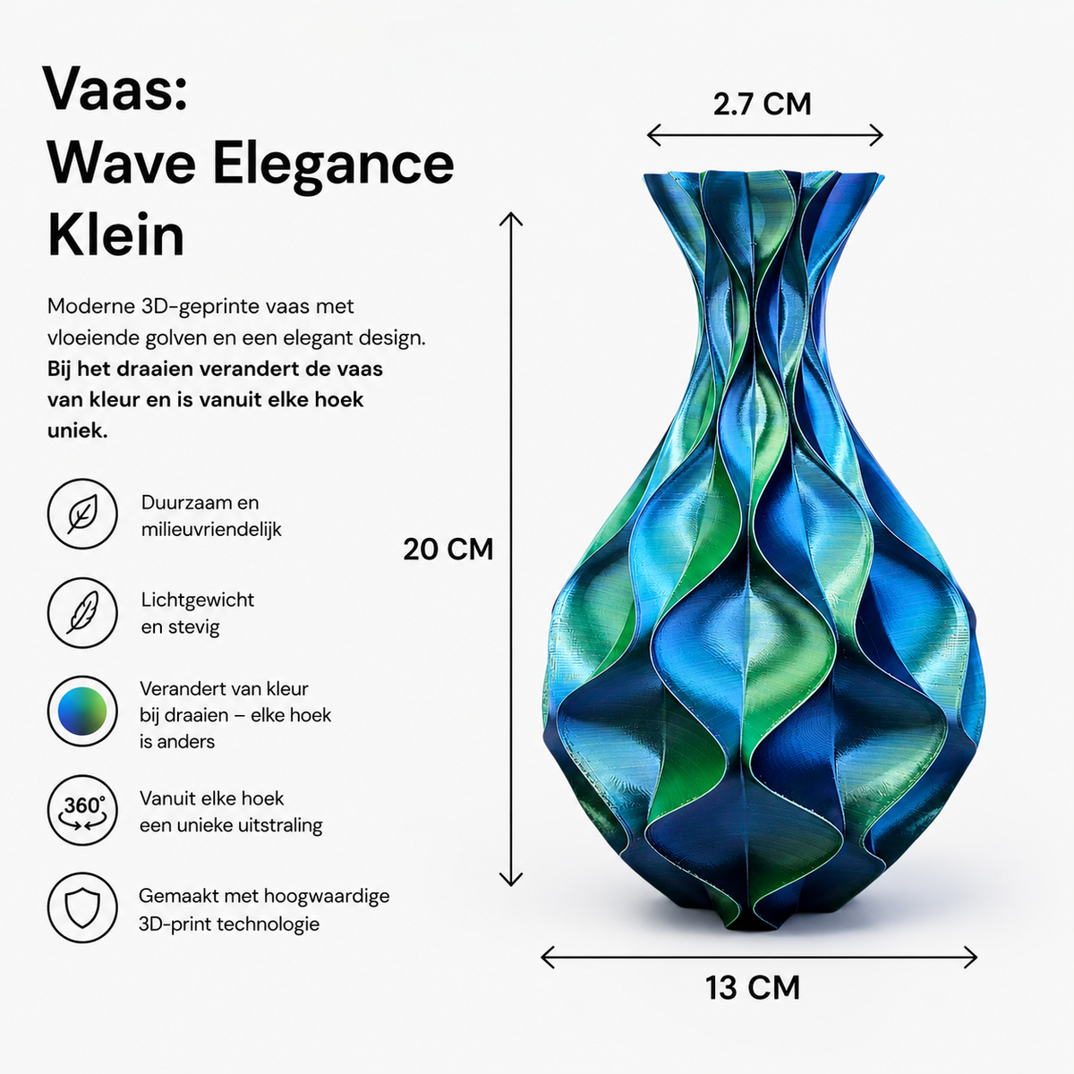 Wave Elegance - 3D geprinte Design vaas - 3 maten