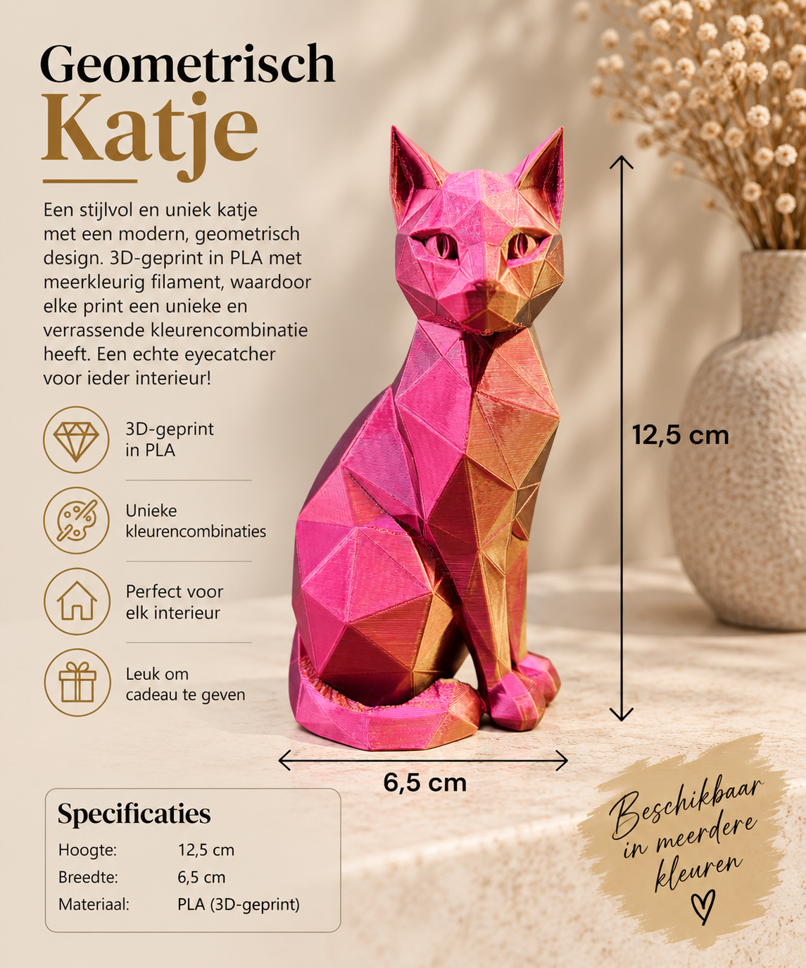 Geometrisch Poezenbeeldje | 3D Geprinte Kat in Meerkleurig Filament