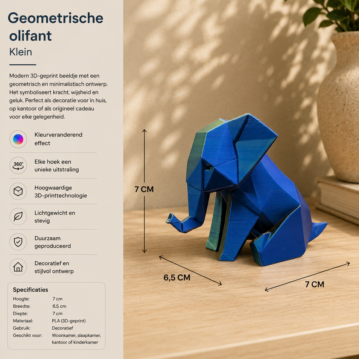 Geometrische Olifant - 3D Geprint Olifantje Meerkleurig  in 3 Maten