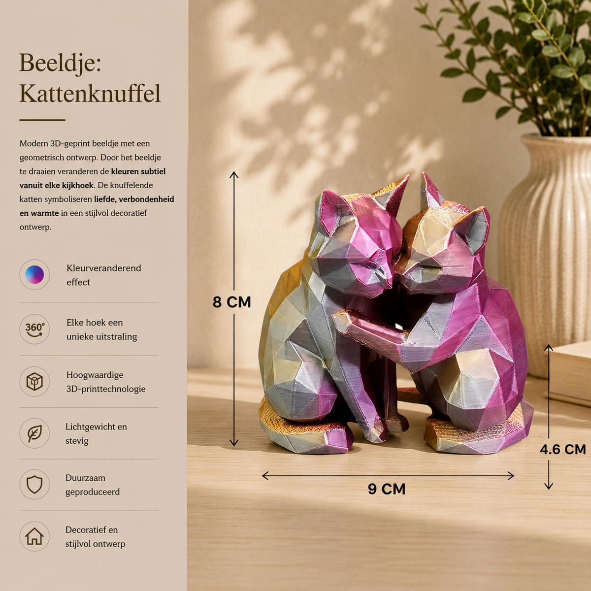 Geometrisch Poezenkoppel | 3D Geprint Kattenbeeldje in Meerkleurig Filament