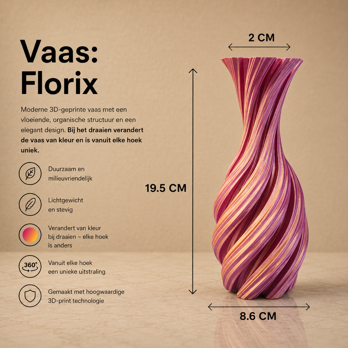 Florix Meerkleurige Gedraaide 3D geprinte vaas