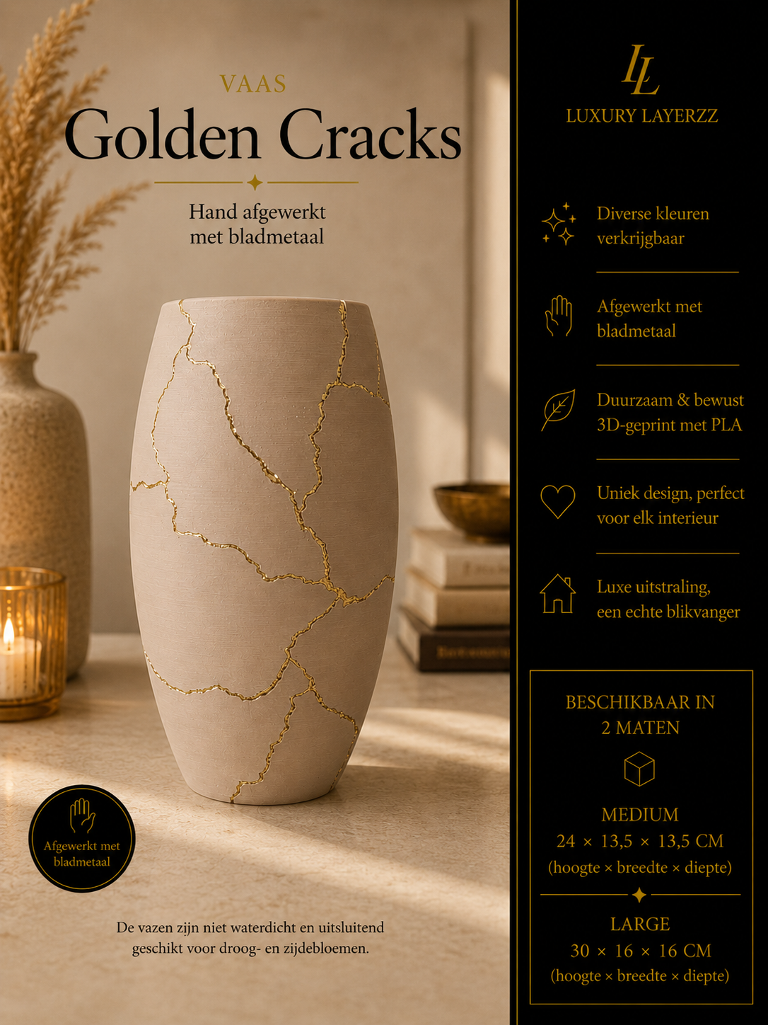 Luxury Layerzz – Golden Cracks Vase - 3D geprint - 2 maten - meerdere kleuren