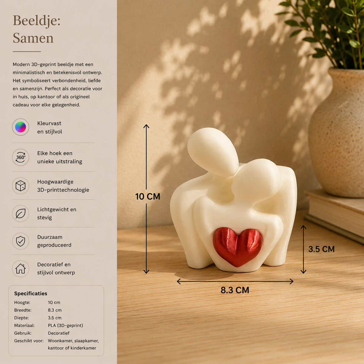 Liefdesbeeldje met Verwisselbaar Hart 3D Geprinte Decoratie met Hartje 3 kleuren