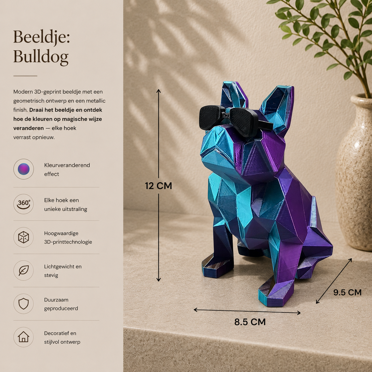 3D Geprinte Bulldog met Zonnebril - Unieke Kleuren & 2 Maten