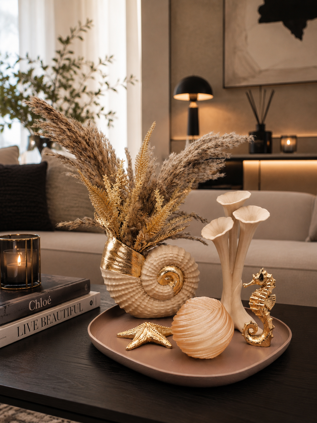 Ocean Luxe - Luxe Woondecoratie Set met Dienblad Beige en Goud - 3D geprint