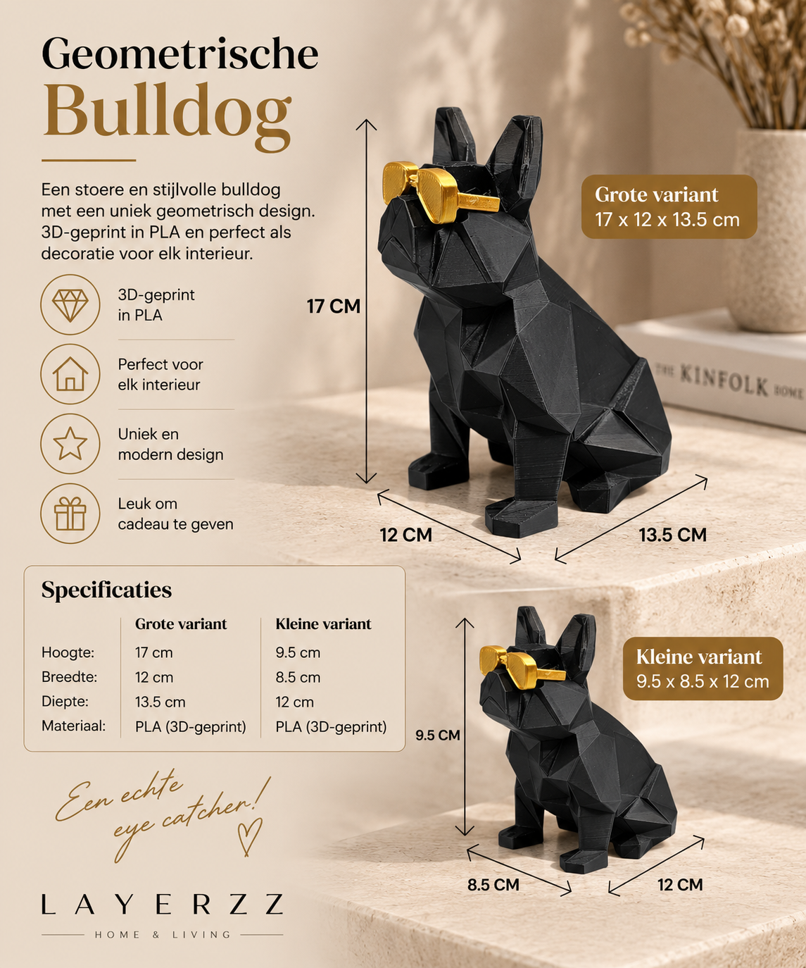 Luxury Layerzz Zonnebrilhond – Zwart met Gouden Bril - 2 maten - decoratie
