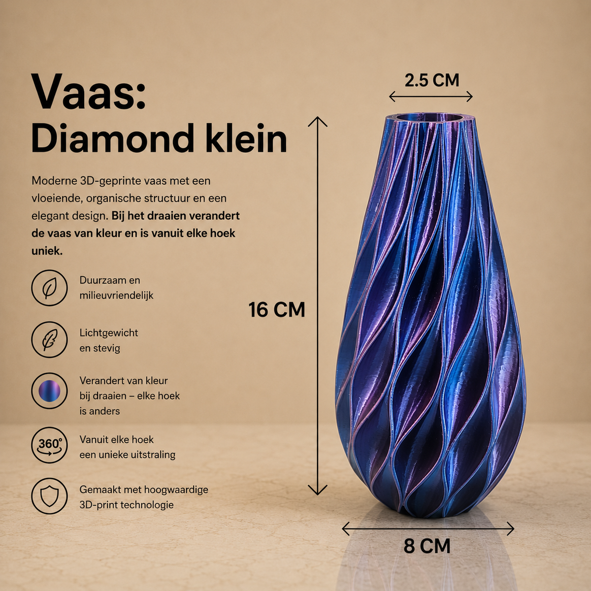 Diamand Duurzame 3D geprinte vaas in 3 maten