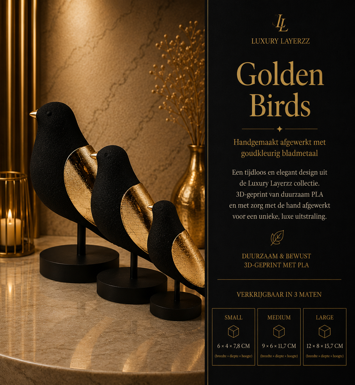 Luxury Layerzz – Luxury Birds | zwart & Champagne Goud - minimalistisch - Japandi Style - 3 maten
