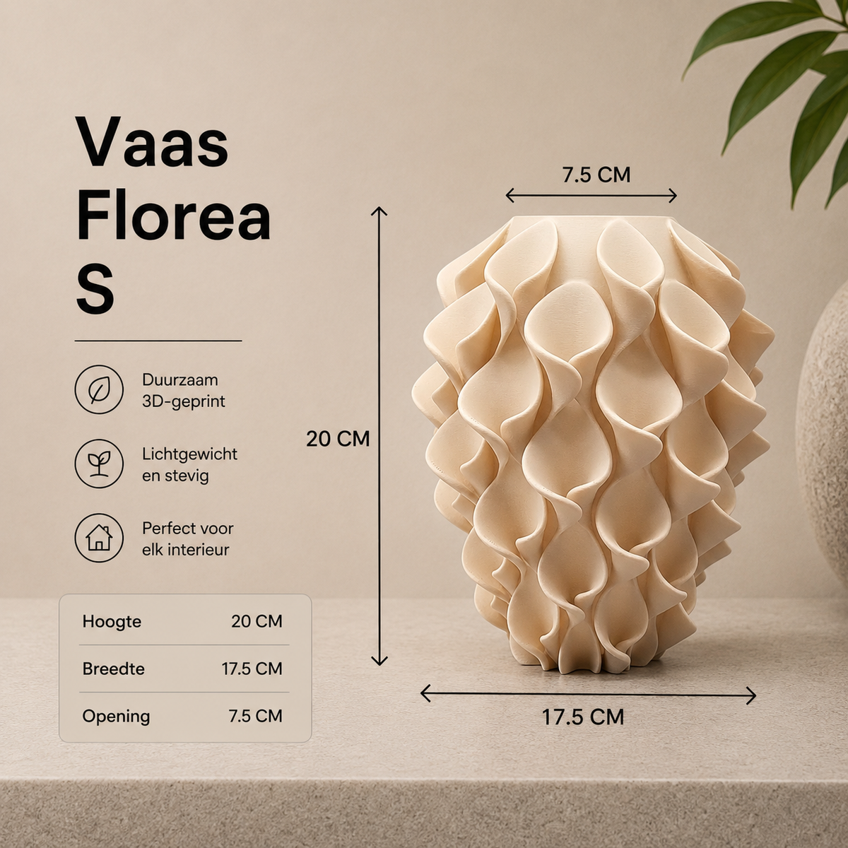 Florea 3D geprinte Design vaas in 3 maten - diverse kleuren