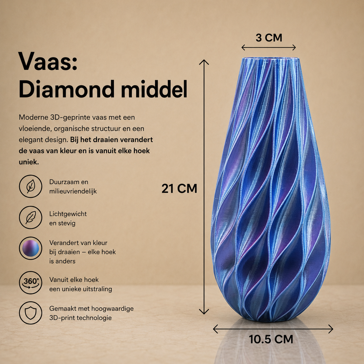 Diamand Duurzame 3D geprinte vaas in 3 maten
