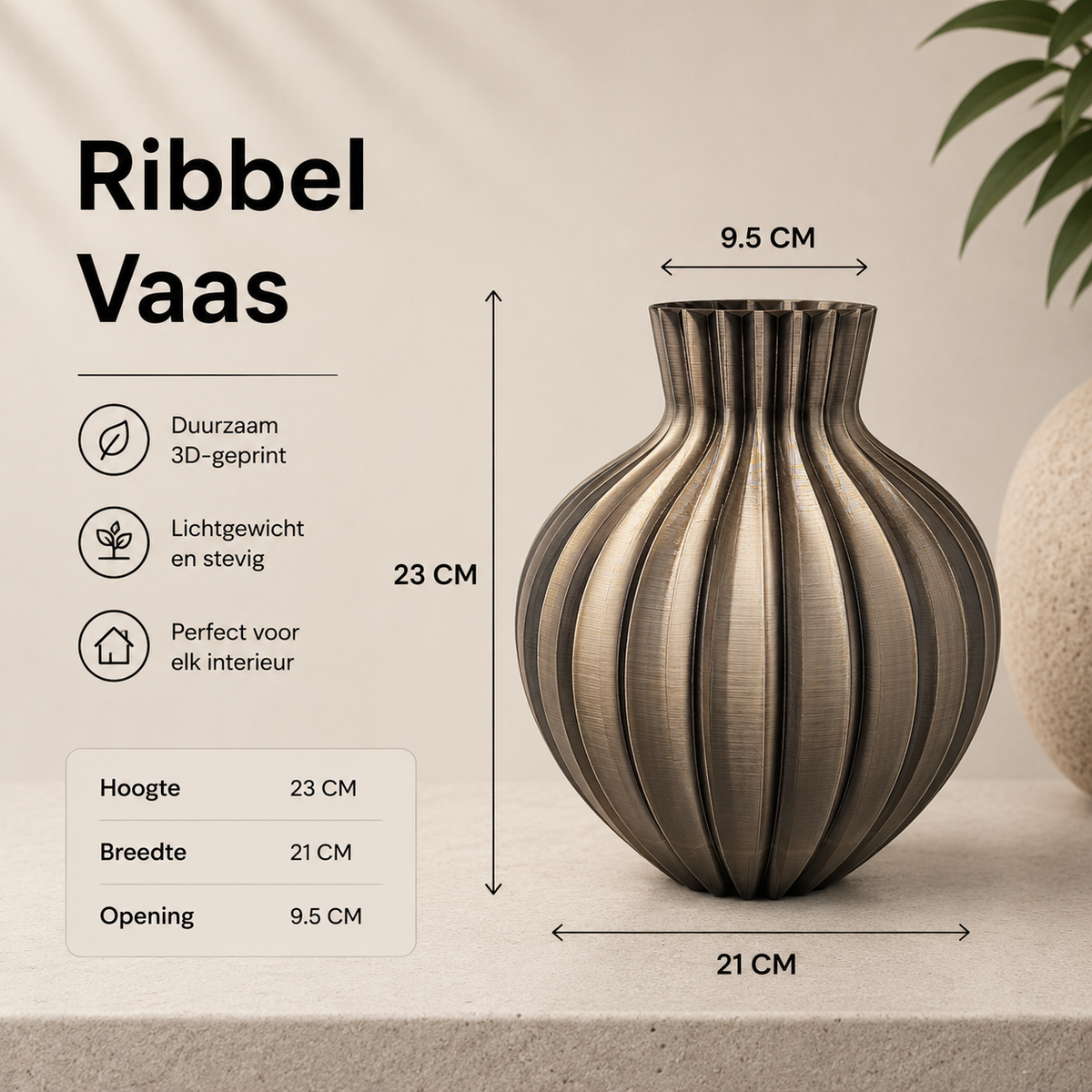 Ribbelvaas stevige moderne 3D geprinte vaas