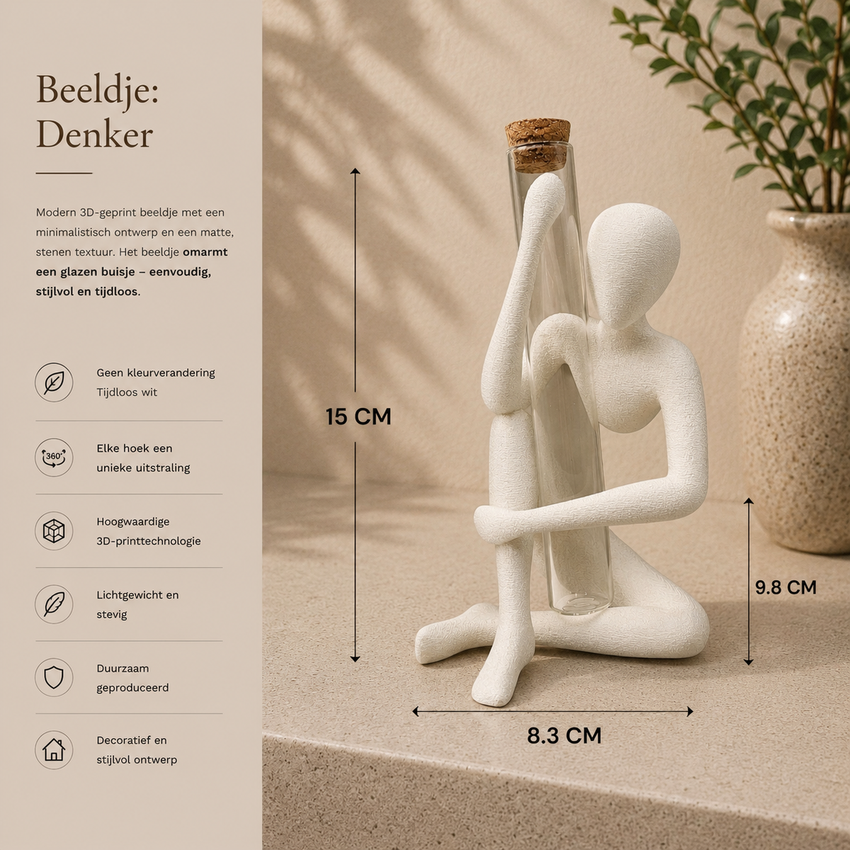 Moderne Bloemenvaas Houder NObody | Unieke 3D Geprinte Decoratie met Glazen Buisje