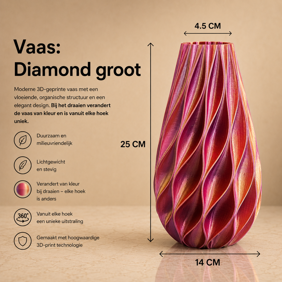 Diamand Duurzame 3D geprinte vaas in 3 maten