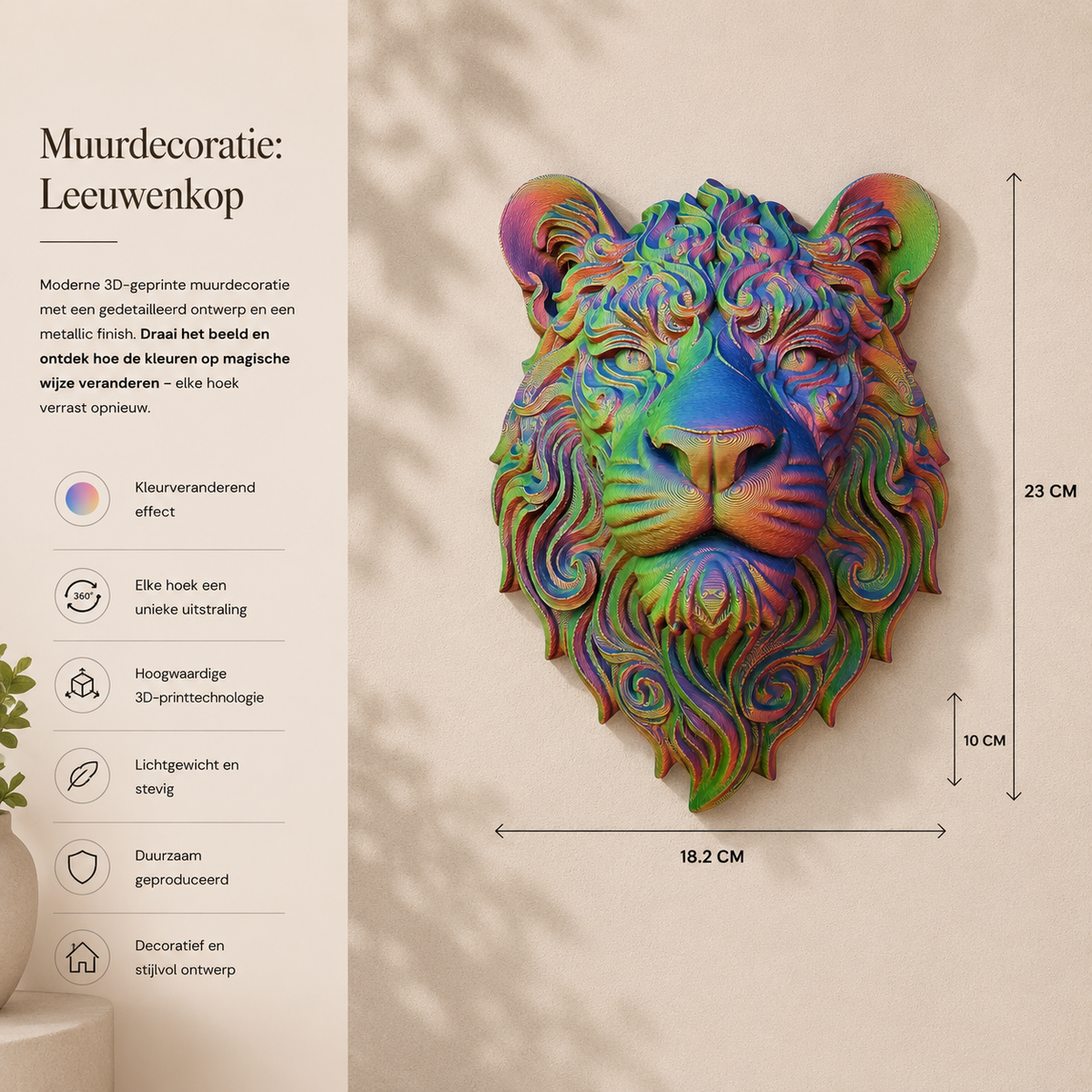 3D Geprinte Leeuwenkop Wanddecoratie – Multicolor Design - eyecather