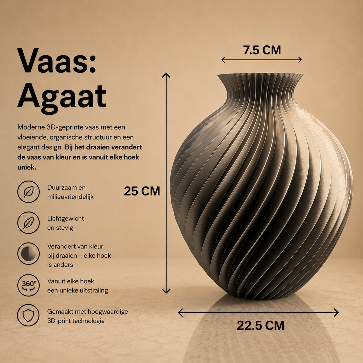 Agaat 3D geprinte moderne vaas 25 cm